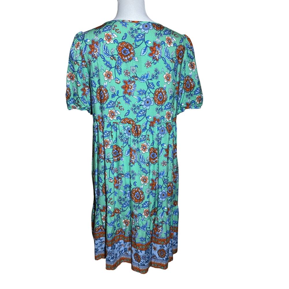 anna-kaci Green Dress Short Sleeve V Neck Knee Length, Floral Boho Sz L NWT - Picture 3 of 12
